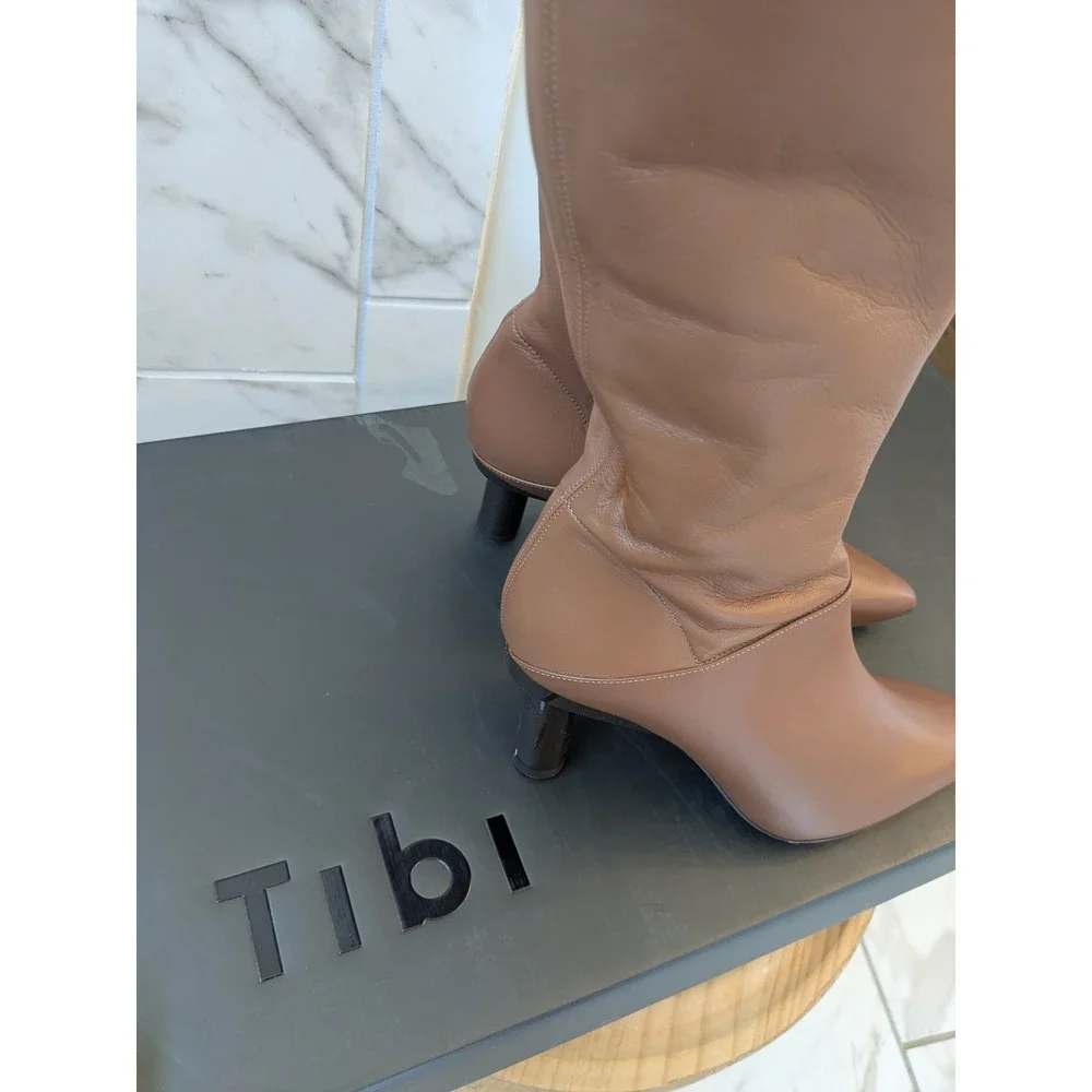 NIB Tibi‎ Caleb Calf Tan Leather Over The Knee Pointed Toe Boots  Size 36